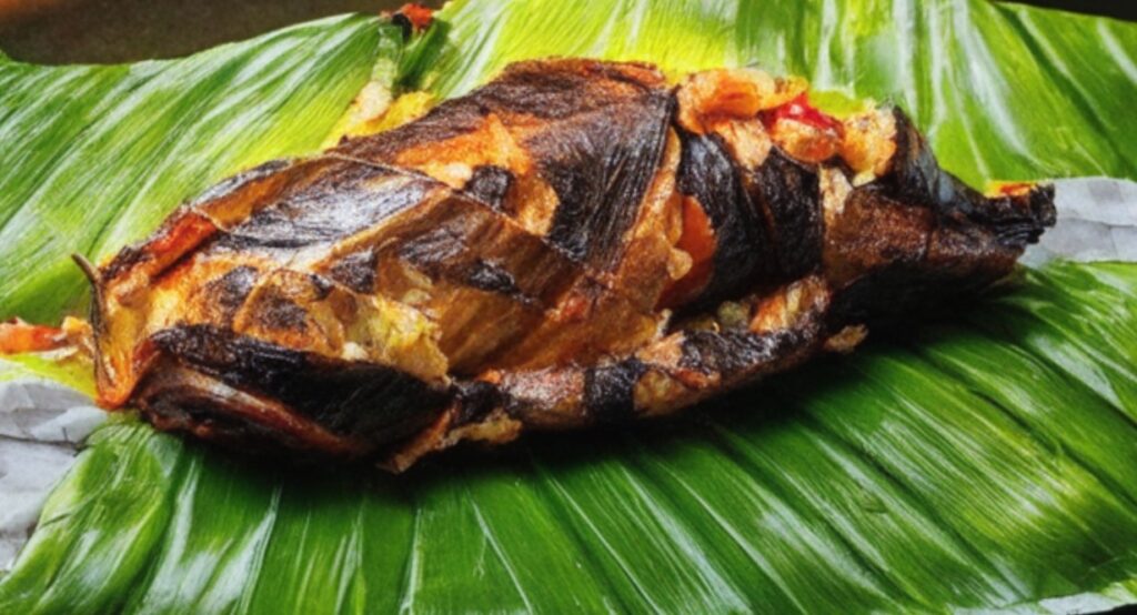 Roasted meat on a taro leaf platter in Fiji
